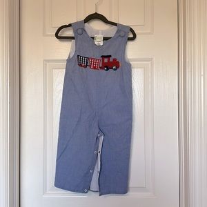 Boys Longalls jonjons overalls with trains on them